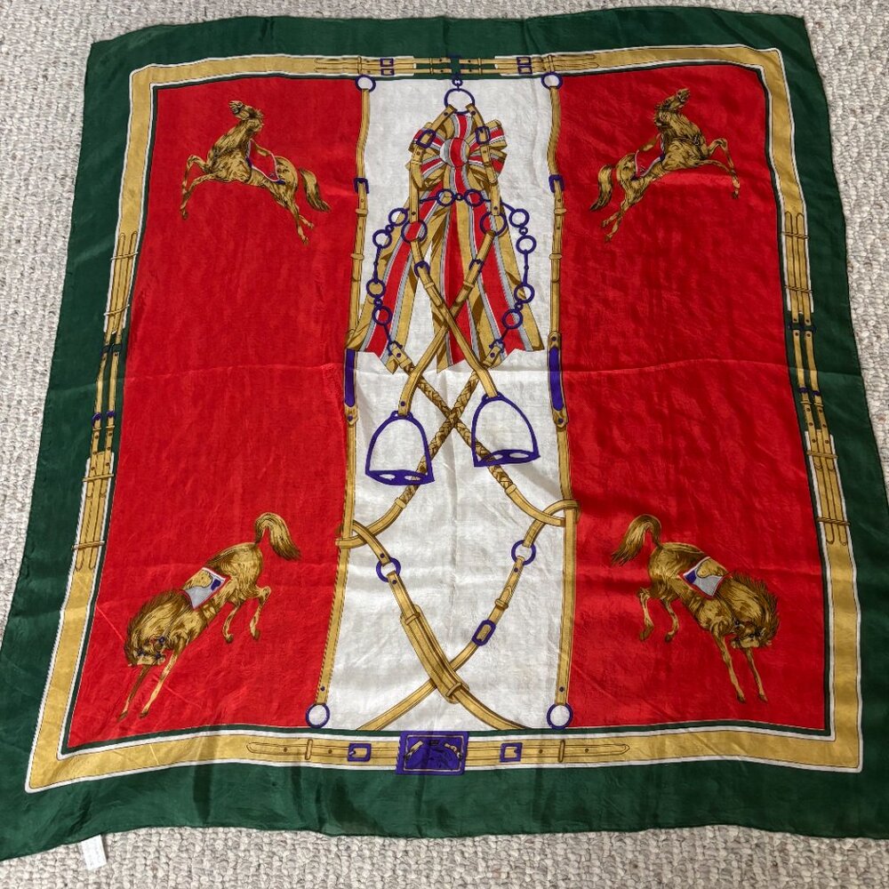 Vintage Equestrian Horse 100% Silk Scarf 34"Lx33"W